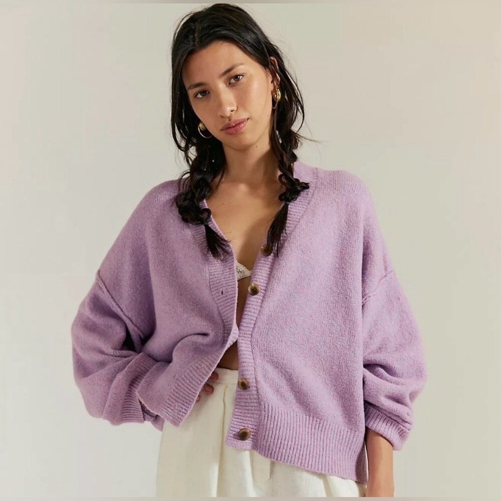 Free People Cool Of The Night Cardigan Lilac Spell Melange M NWT Oversized - Picture 4 of 14